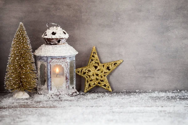 Lanterna Com Velas Decoração Natal Cartão Saudação — Fotografia de Stock