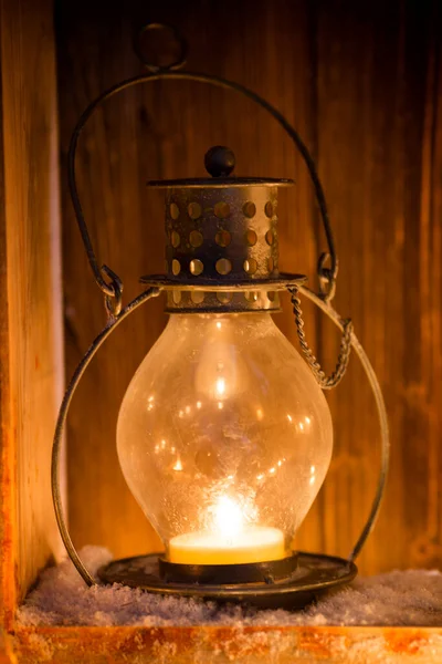 Lanterna Con Candele Decorazioni Natalizie Biglietto Auguri — Foto Stock