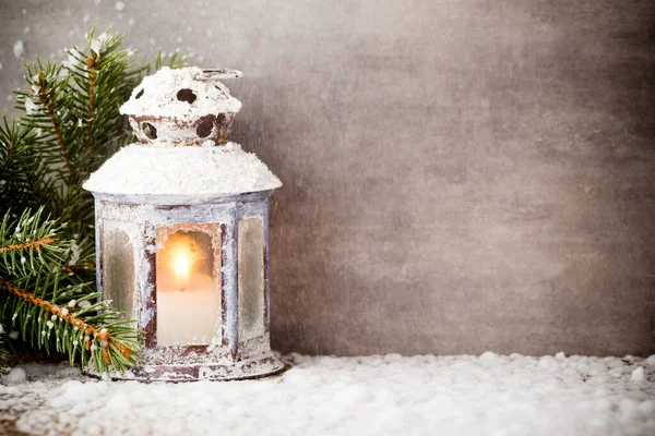 Lanterna Con Albero Natale Decorazioni Natalizie Biglietto Auguri — Foto Stock