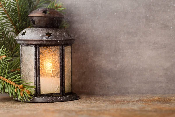 Lanterna Con Albero Natale Decorazioni Natalizie Biglietto Auguri — Foto Stock