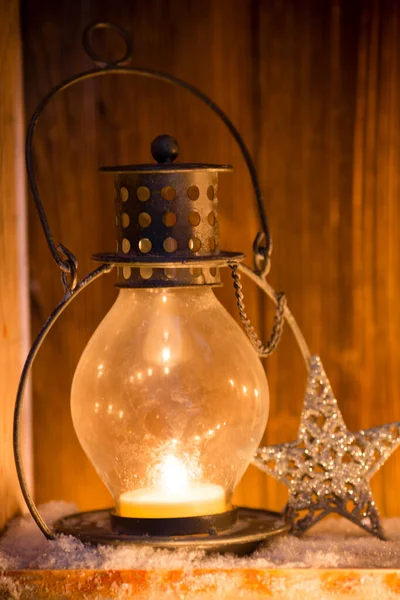 Lanterne Avec Bougies Décor Noël Carte Voeux — Photo