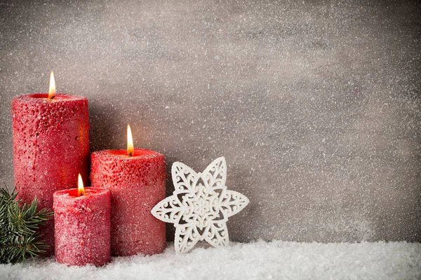 Three Red Candles Gray Background Christmas Decoration Advent Mood — Stock Photo, Image