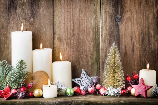 Candele Dell Avvento Natale Con Decorazioni Festive — Foto Stock