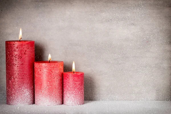 Red Burning Candle Snow Background Interior Items — Stock Photo, Image