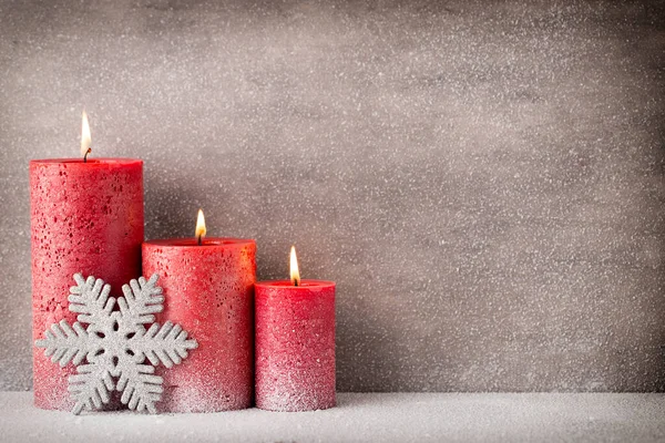 Red Burning Candle Snow Background Interior Items — Stock Photo, Image