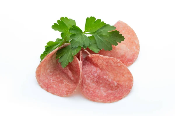 Salami Korv Skivor Isolerade Vit Bakgrund Cutout — Stockfoto