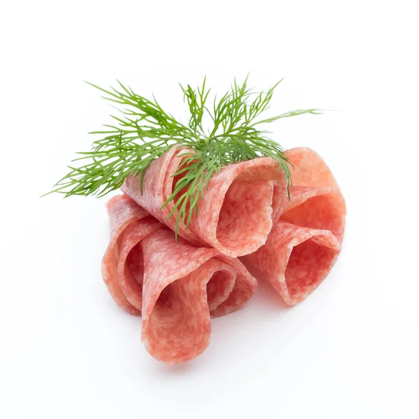 Salami Korv Skivor Isolerade Vit Bakgrund Cutout — Stockfoto