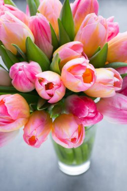 Bahar çiçekleri. Bokeh arka planında lale buketi.