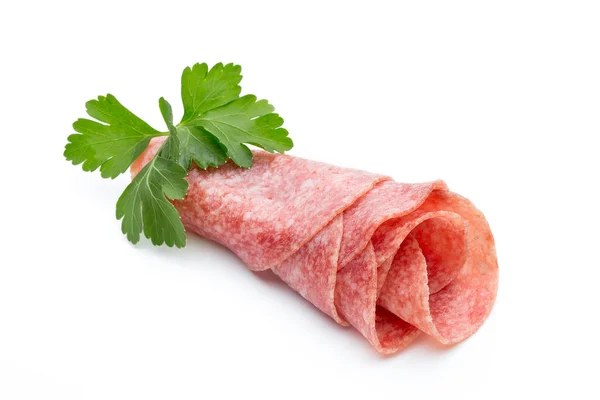 Salami Worst Plakjes Geïsoleerd Witte Achtergrond Cutout — Stockfoto