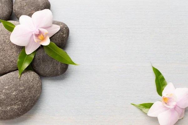 温泉石で木製の背景に蘭の花 — ストック写真