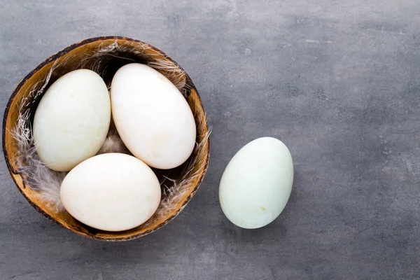 Huevos Pato Sobre Fondo Gris Jaula —  Fotos de Stock