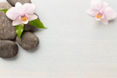 Tahta zemin üzerinde orkide çiçeği ve spa taşları.