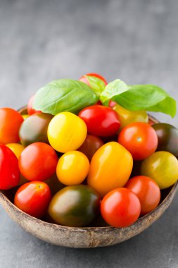 Taze fesleğenli taze üzüm domatesleri.