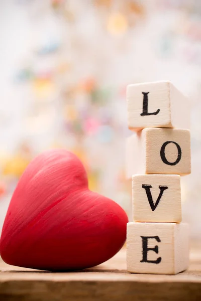 Written Wooden Blocks Love Red Heart — Stock Photo, Image