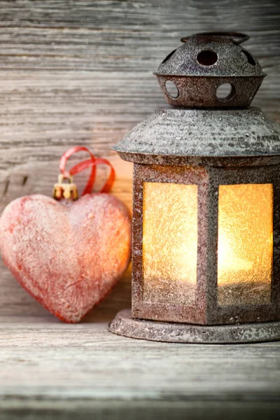 Lantern Wooden Table Heart Symbol — Stock Photo, Image