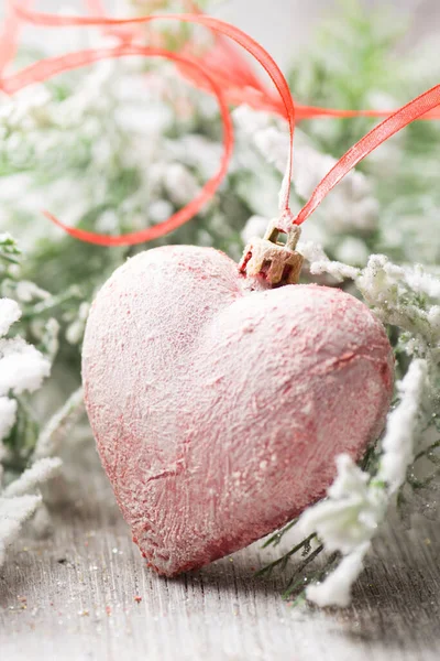 Christmas Trees Covered Snow Red Heart — Stock Photo, Image