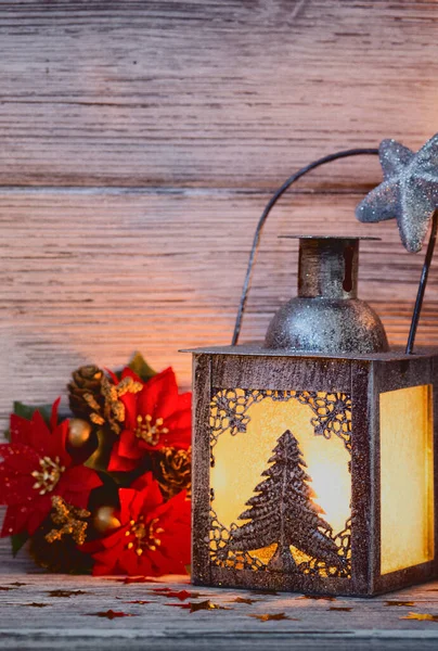 Lanterna Decoração Natal Fundo Madeira — Fotografia de Stock