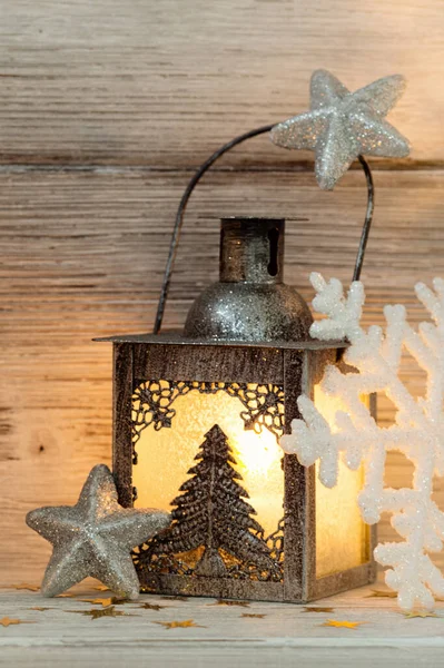 Lantern Christmas Decor Wooden Background — Stock Photo, Image