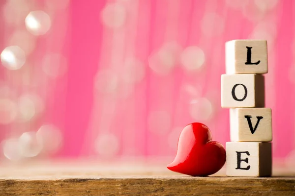 Written Wooden Blocks Love Red Heart — Stock Photo, Image