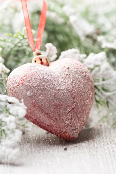 Christmas Trees Covered Snow Red Heart — Stock Photo, Image