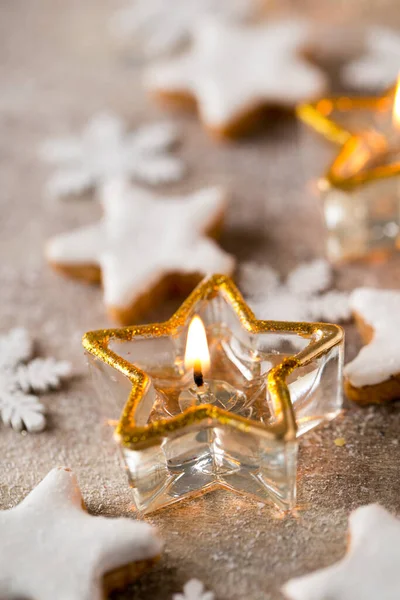 Fundo Natal Com Decorações Estrelas Tábua Madeira — Fotografia de Stock