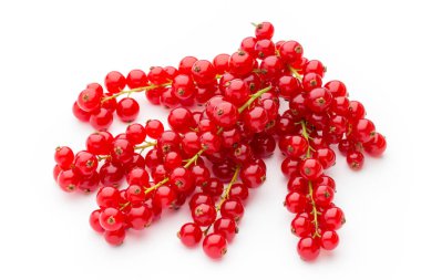 Kırmızı frenk üzümleri beyaz arkaplanda hala izole bir yaşam sürüyor.