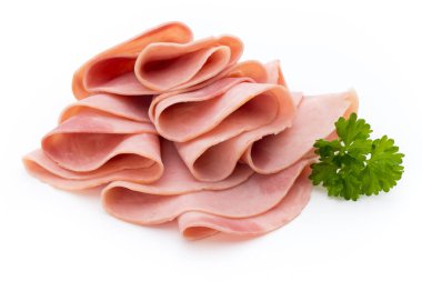 Dilimlenmiş jambon sosisi beyaz arka planda izole edilmiş..