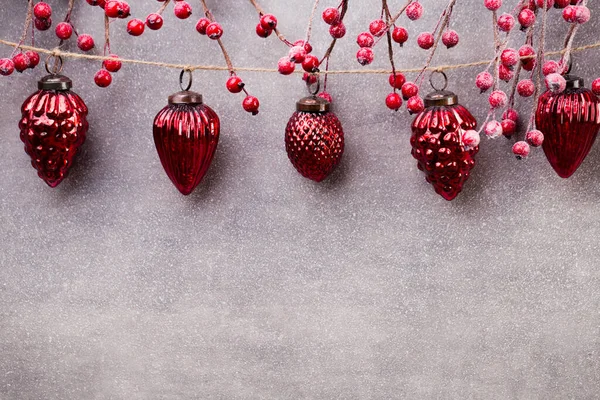 Christmas Garland Red Ball Grey Background — Stock Photo, Image