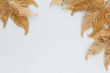  Mavi arka planda altın palmiye yaprağı. Palmiye yaprağı, düz ve üst görünüm.