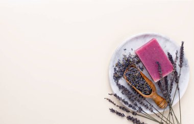 Spa ve banyo ev yapımı kozmetik ürünleri. Pastel arka planda kaplıca ürünleri olan şişeler, üst görünüm.. 