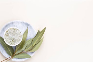 Spa ve banyo ev yapımı kozmetik ürünleri. Pastel arka planda kaplıca ürünleri olan şişeler, üst görünüm.. 