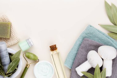 Spa ve banyo ev yapımı kozmetik ürünleri. Pastel arka planda kaplıca ürünleri olan şişeler, üst görünüm..