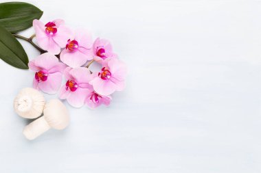 Spa aromaterapi arka planı, basit orkide çiçekleriyle süslenmiş çeşitli güzellik ürünleri..