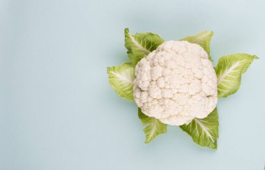 Bir baş taze karnabahar. Sağlıklı beslenme ve vejetaryenlik. Renk arkaplanı.