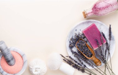 Spa ve banyo ev yapımı kozmetik ürünleri. Pastel arka planda kaplıca ürünleri olan şişeler, üst görünüm.. 