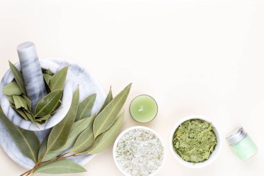 Spa ve banyo ev yapımı kozmetik ürünleri. Pastel arka planda kaplıca ürünleri olan şişeler, üst görünüm.. 