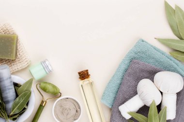 Spa ve banyo ev yapımı kozmetik ürünleri. Pastel arka planda kaplıca ürünleri olan şişeler, üst görünüm..