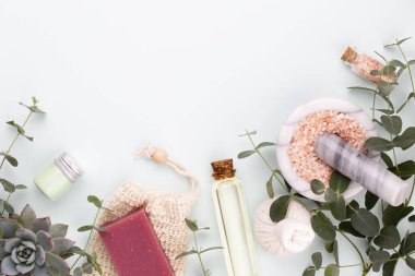 Kaplıca ve ev yapımı kozmetik ürünleri. Pastel arka planda kaplıca ürünleri olan şişeler.