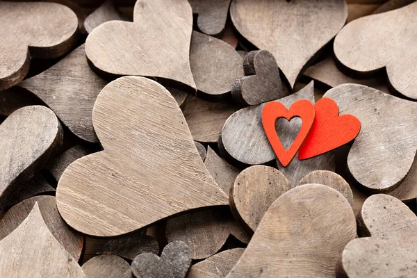 Wooden Hearts One Red Heart Heart Background — Photo