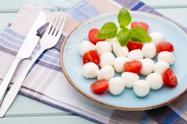 Kiraz domatesleri, mozzarella peyniri, fesleğen ve baharatlar gri tahta üzerinde. İtalyan geleneksel Caprese salata malzemeleri. Akdeniz yemekleri.