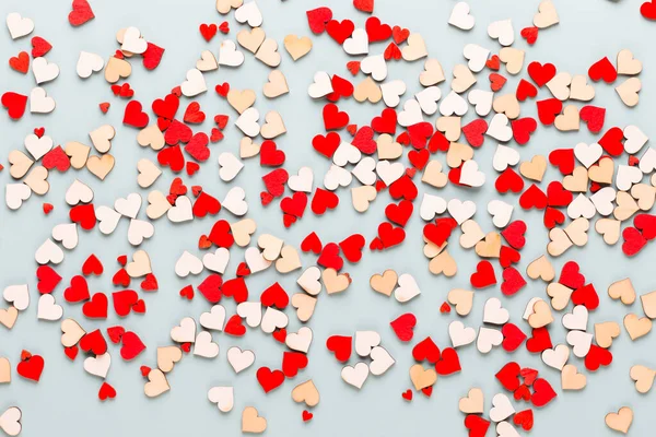 Walentynki Tło Pastelowe Serca Niebieskim Tle Kartka Życzeniami — Zdjęcie stockowe