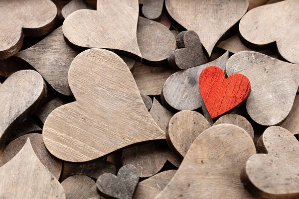 Wooden Hearts One Red Heart Heart Background — Foto Stock