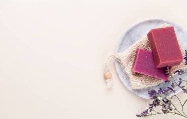 Spa ve banyo ev yapımı kozmetik ürünleri. Pastel arka planda kaplıca ürünleri olan şişeler, üst görünüm.. 