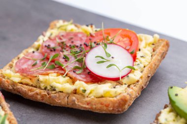 Krem peynirli, sebzeli ve salamlı mini sandviçler. Salatalıklı sandviçler, turp, domates, gri arka planda salam, üst manzara. Düz yatıyordu.