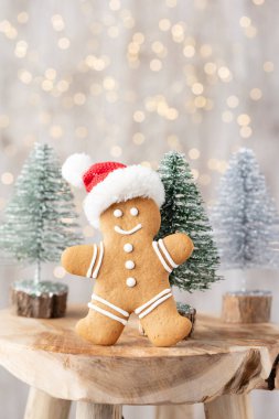 Lezzetli zencefilli kurabiyeler ve ahşap arka planda Noel dekoru..