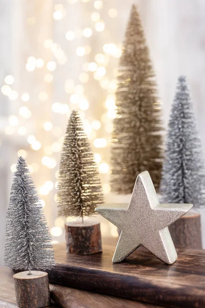 Christmas Tree Wooden Bokeh Background Christmas Holiday Celebration Concept Greeting — Stock Photo, Image