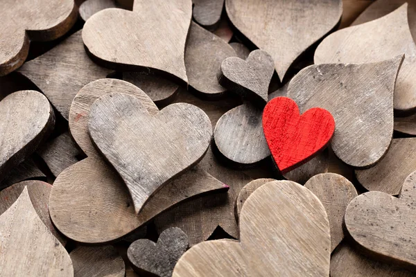 Wooden Hearts One Red Heart Heart Background — Foto Stock