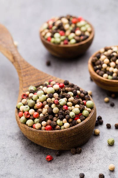 Peppercorn Mix Wooden Bowl Grey Table — Stock Photo, Image