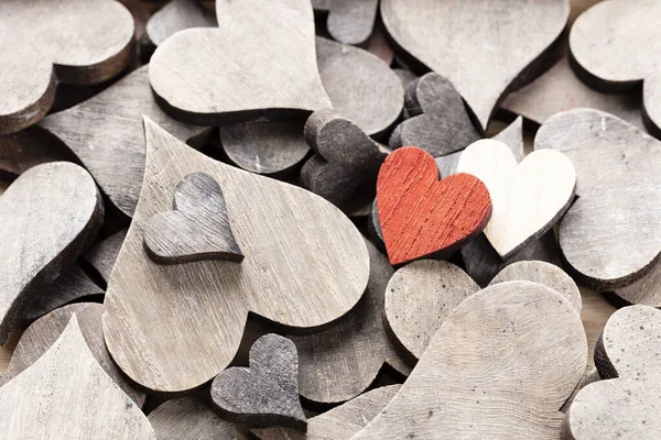 Wooden Hearts One Red Heart Heart Background — Foto Stock