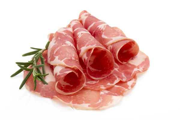 Dried pig meat slices. Delicatess. — Stock Photo, Image